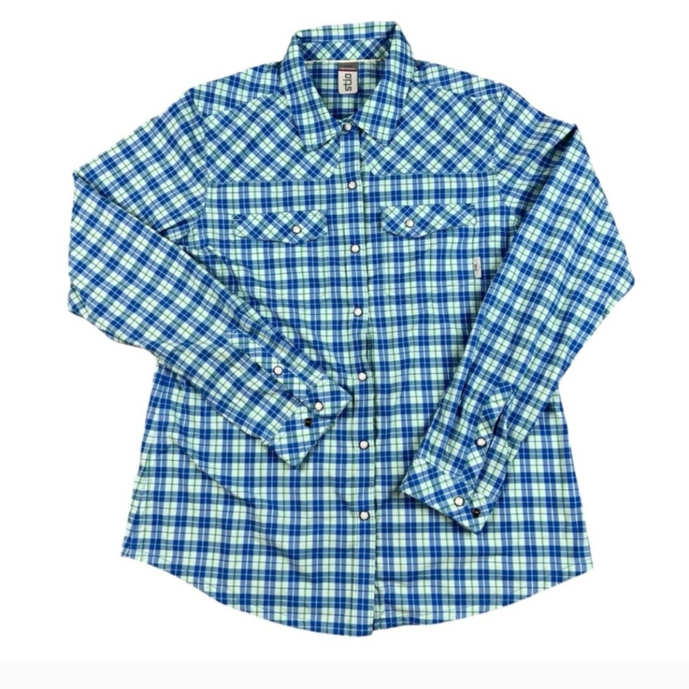 Stio Sidley style casual blue plaid long sleeve button down shirt SZ L